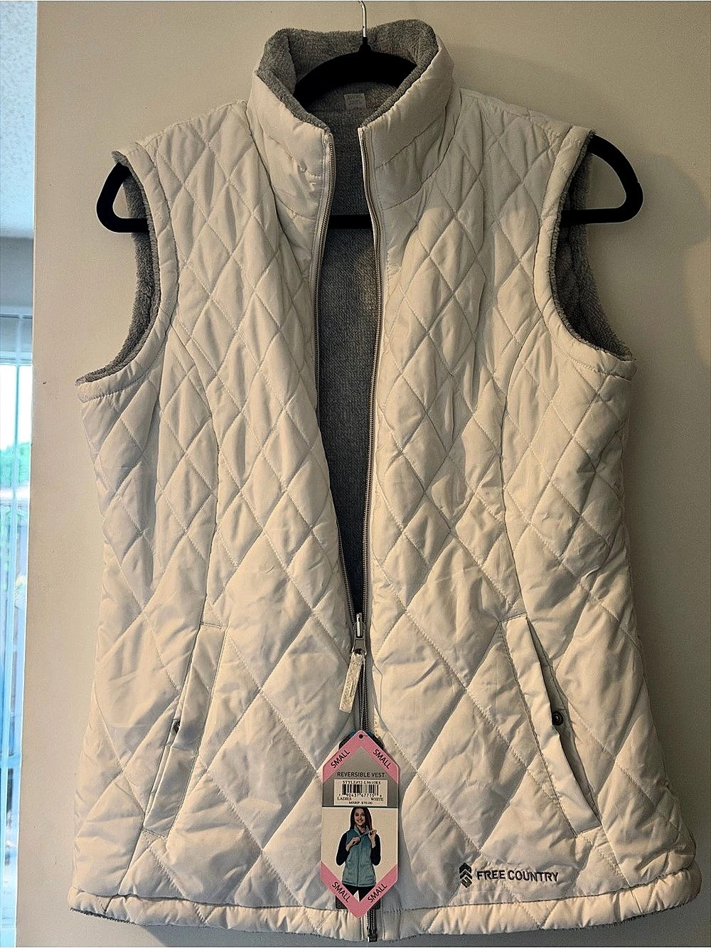 Free Country Reversible Vest Quilted White & Gray Small NWT